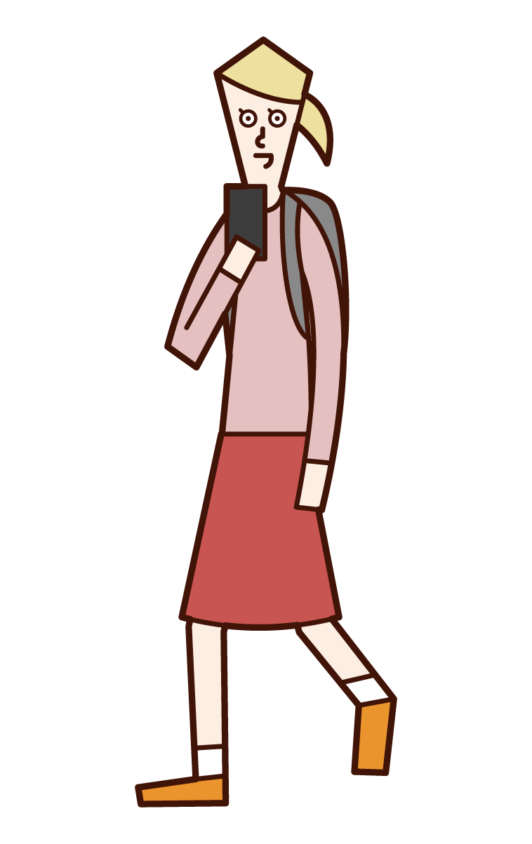 歩きながらスマートフォンを操作する人（女性）のイラスト