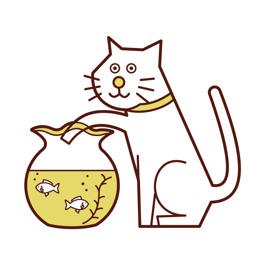 Illustration of a cat trying to eat goldfish