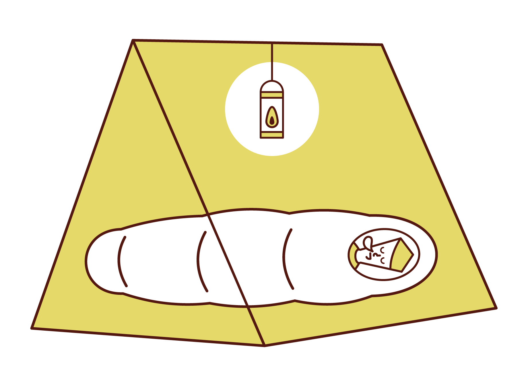 テントの中で寝る人（男性）のイラスト