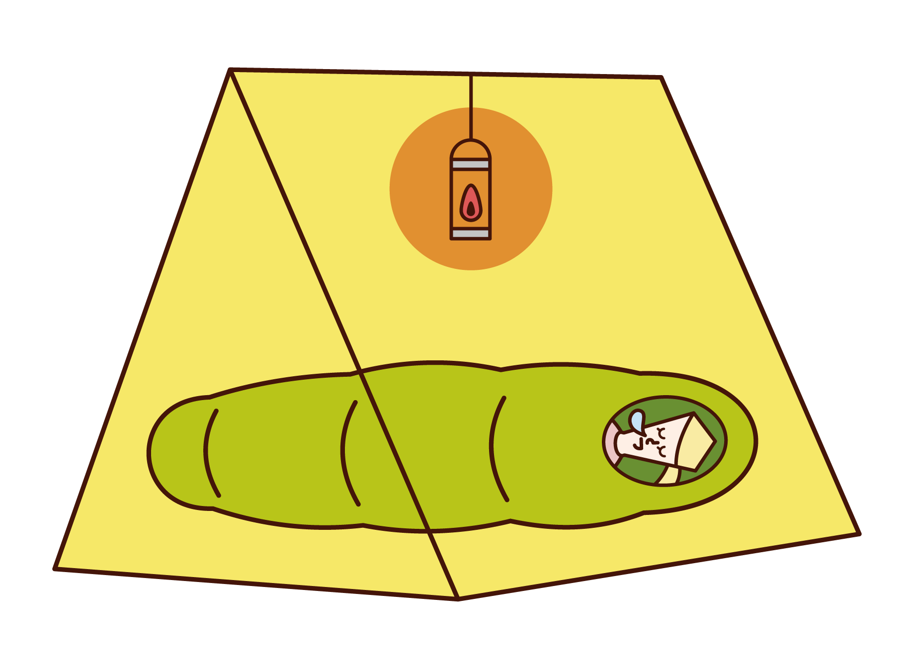 テントの中で寝る人（女性）のイラスト