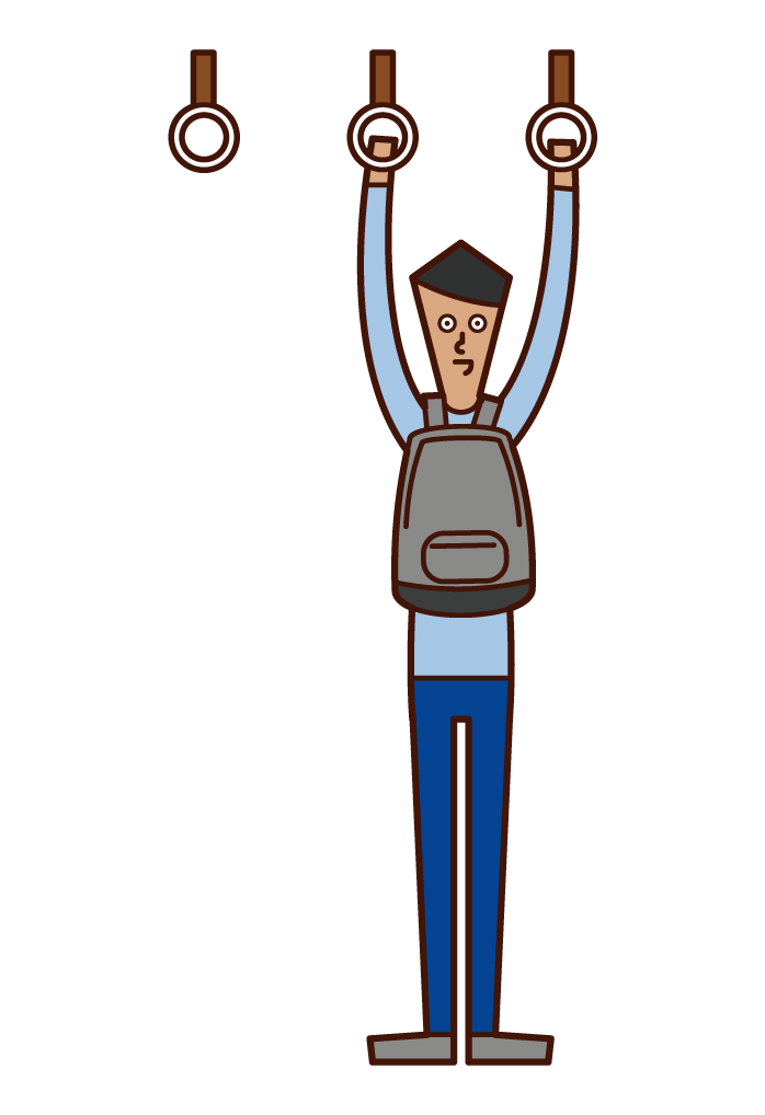 Illustration of a man carrying a bag in front of his body on a train