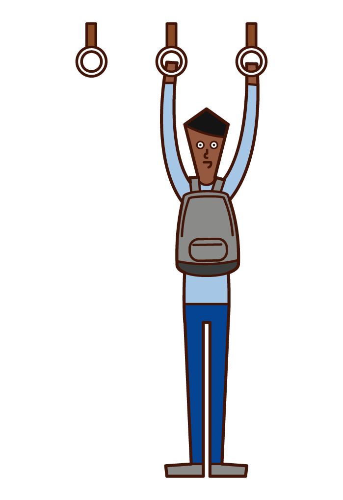 Illustration of a man carrying a bag in front of his body on a train