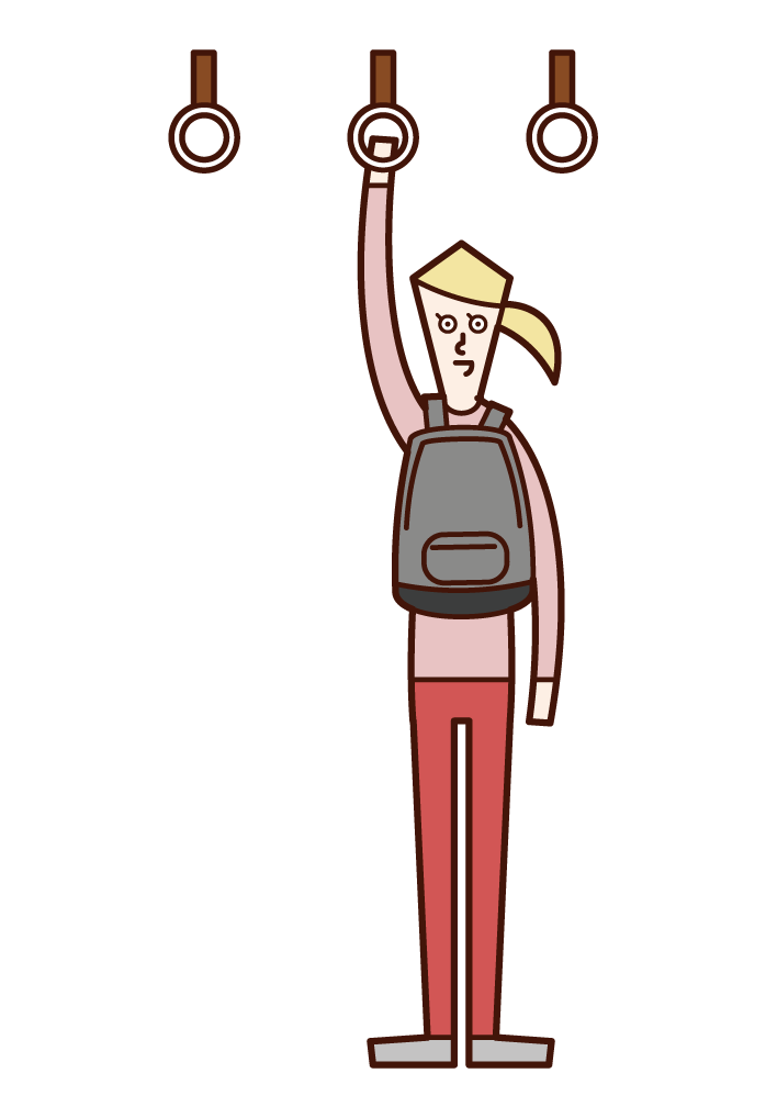 Illustration of a woman carrying a bag in front of her body on a train