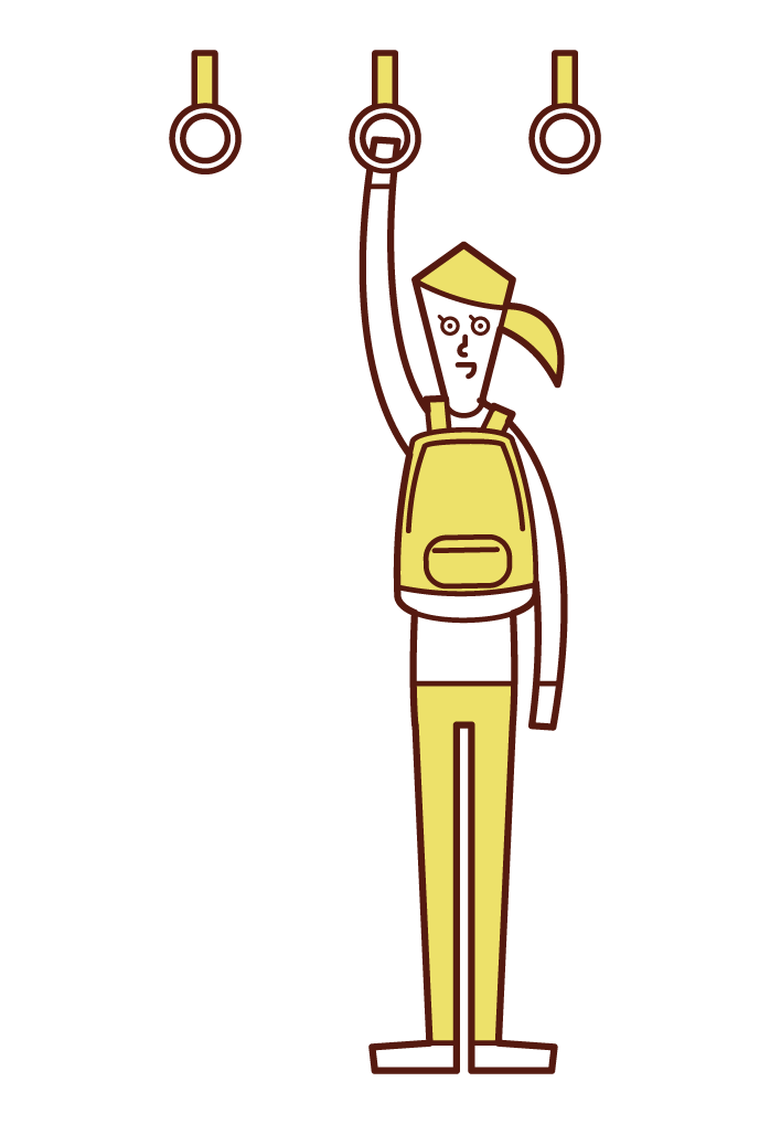 Illustration of a woman carrying a bag in front of her body on a train