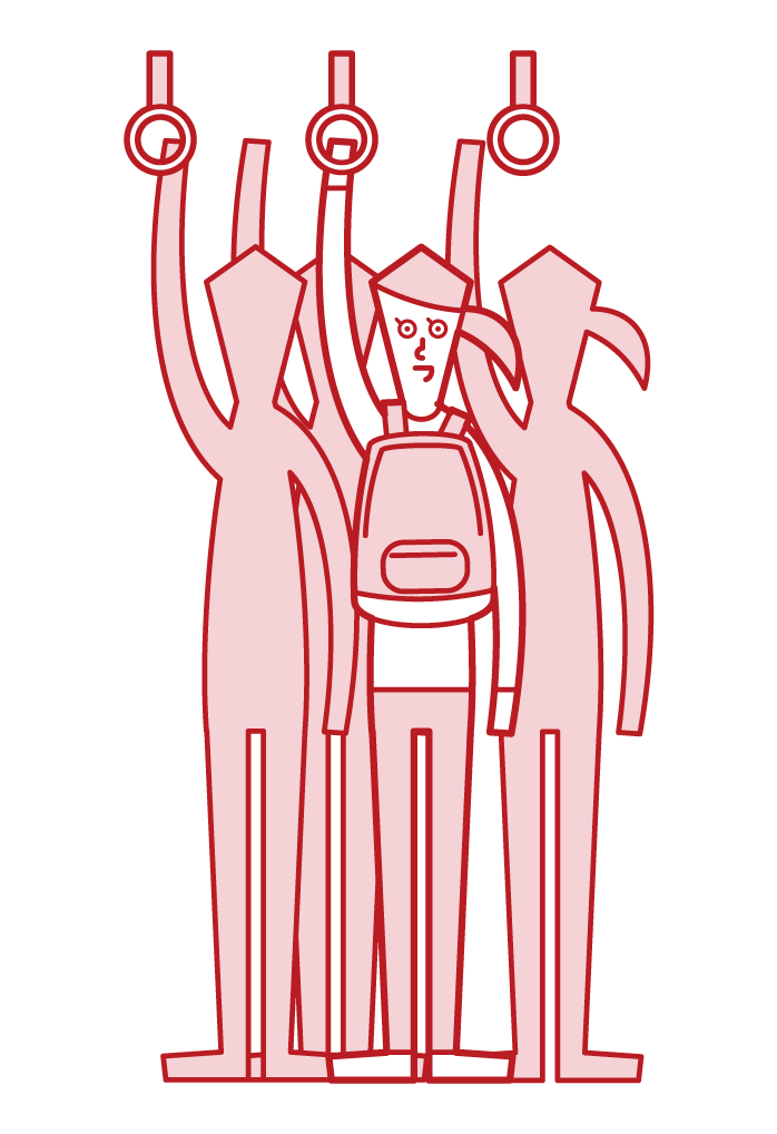 満員電車の中でカバンを体の前に背負う人（女性）のイラスト