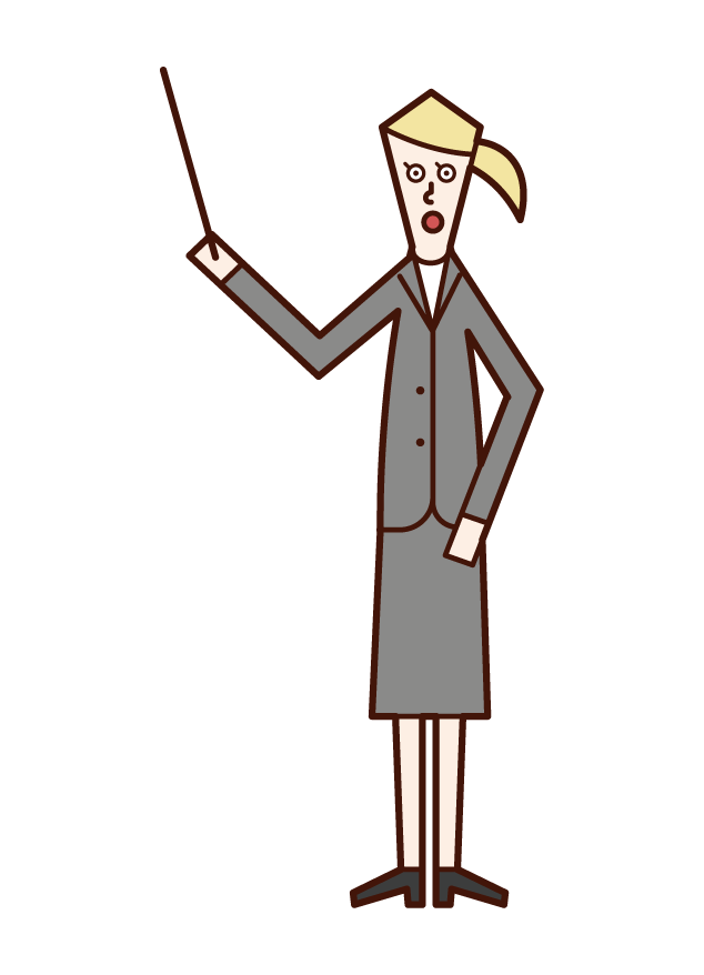 Illustration of a person (woman) who explains with an instruction stick