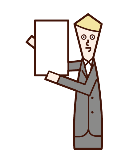 Illustration of a man in a suit holding up a message board
