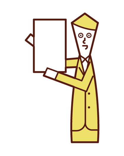 Illustration of a man in a suit holding up a message board