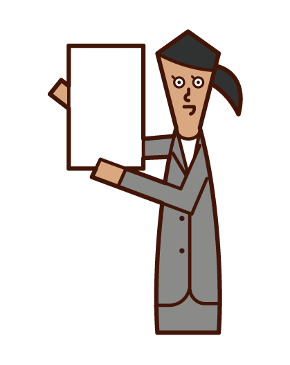 Illustration of a woman in a suit holding up a message board