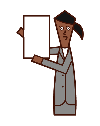 Illustration of a woman in a suit holding up a message board