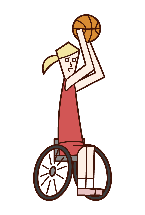 シュートを打つ車椅子バスケットボールの選手（女性）のイラスト