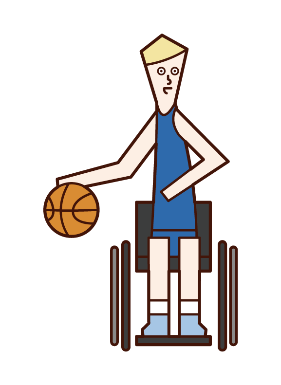 ドリブルをする車椅子バスケットボールの選手（男性）のイラスト