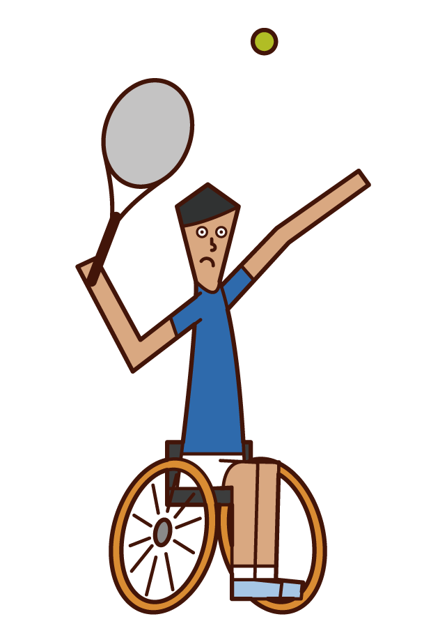 Illustration of a wheelchair tennis player (man) who hits a serve