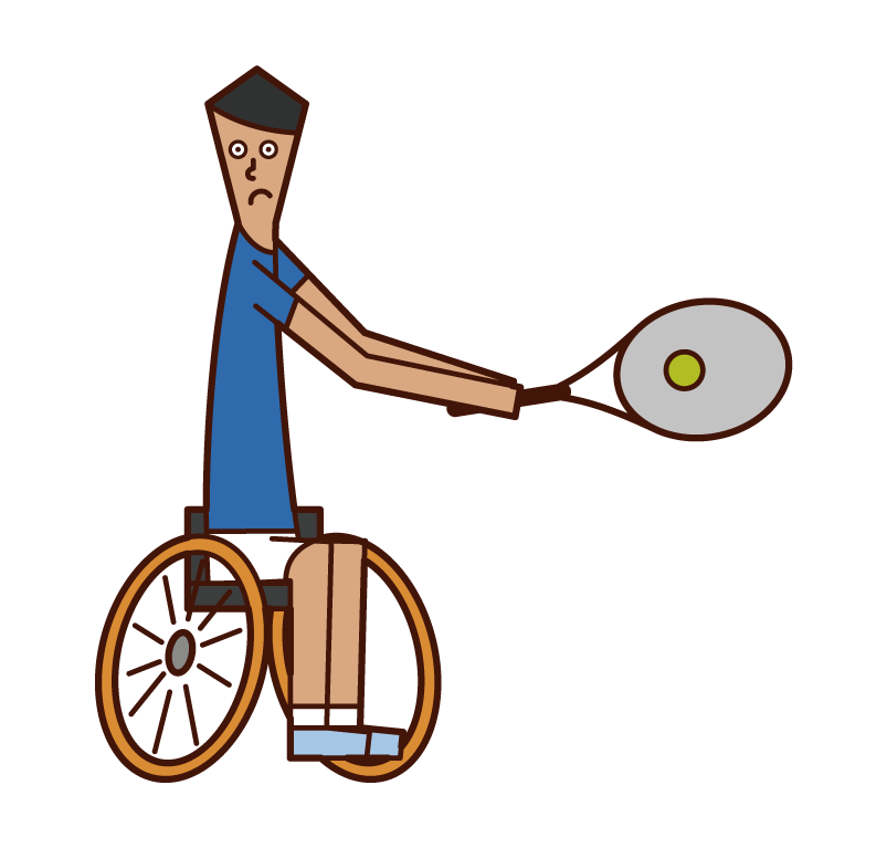 백핸드로 공을 치는 휠체어 테니스 선수(남성)의 일러스트