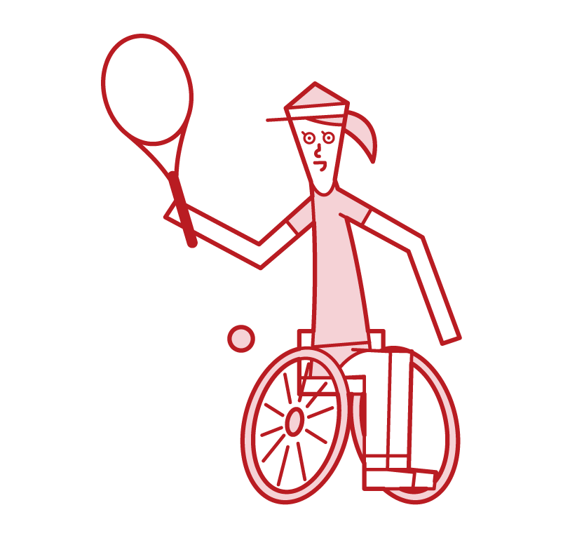 Illustration of a wheelchair tennis player (woman) hitting a ball