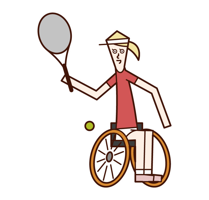 Illustration of a wheelchair tennis player (woman) hitting a ball