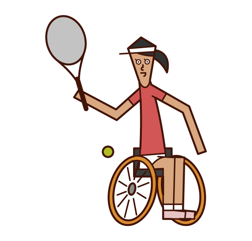 球を打つ車椅子テニスの選手（女性）のイラスト