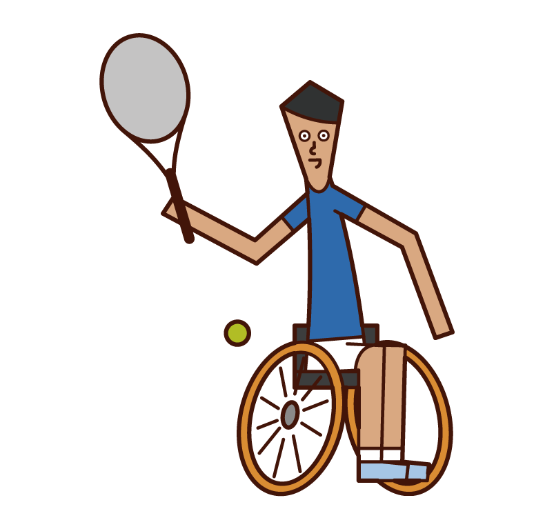 공을 치는 휠체어 테니스 선수(남성)의 일러스트