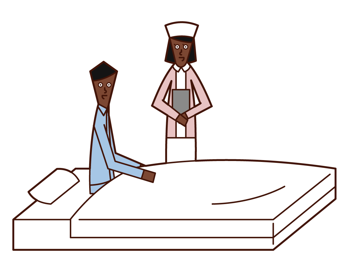 看護婦と話をする入院中の人（男性）のイラスト