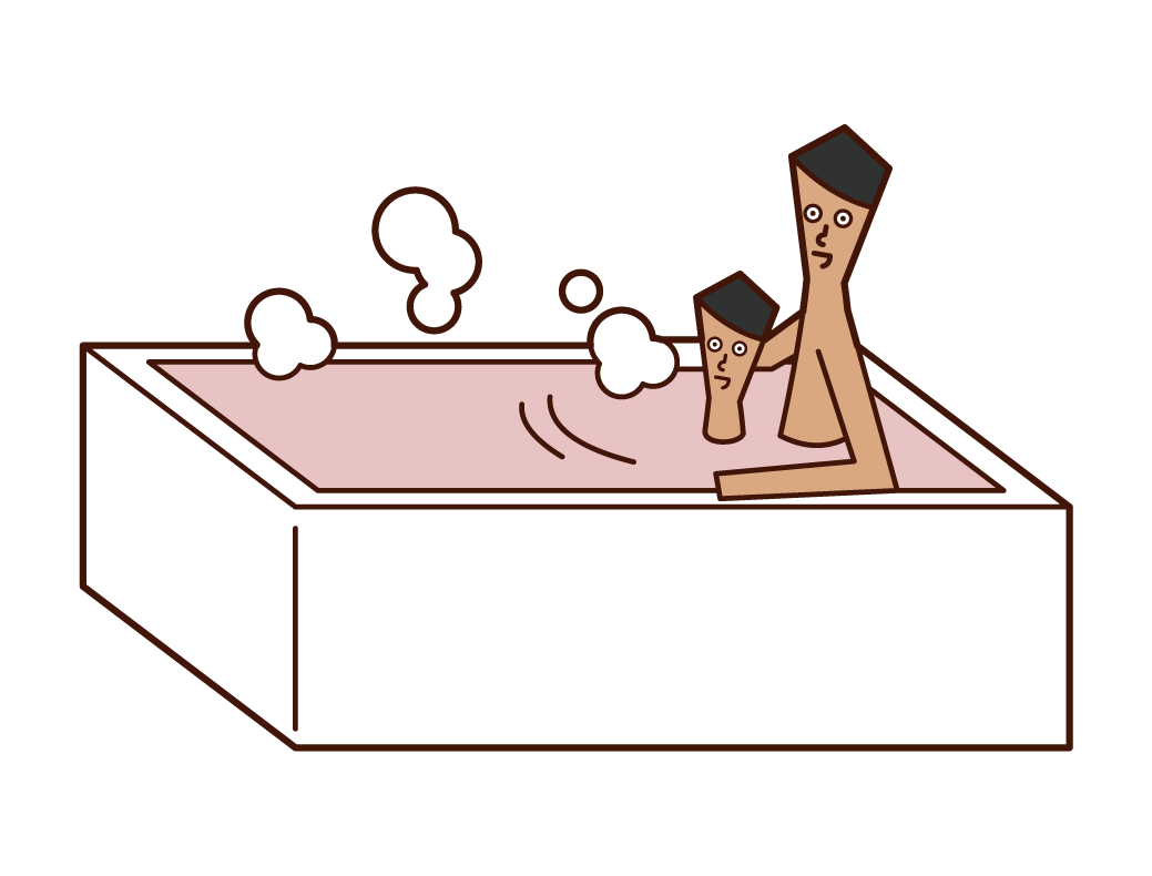 Illustration of a man bathing in a bath with a parent and child
