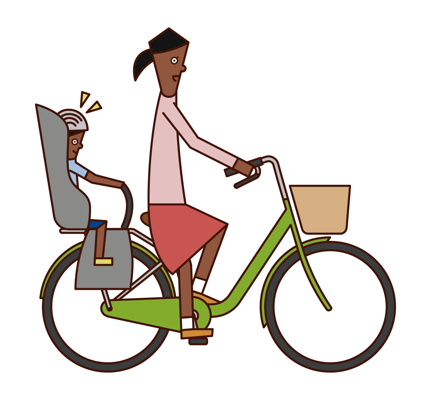 子供をチャイルドシートに乗せて自転車に乗る人（女性）のイラスト