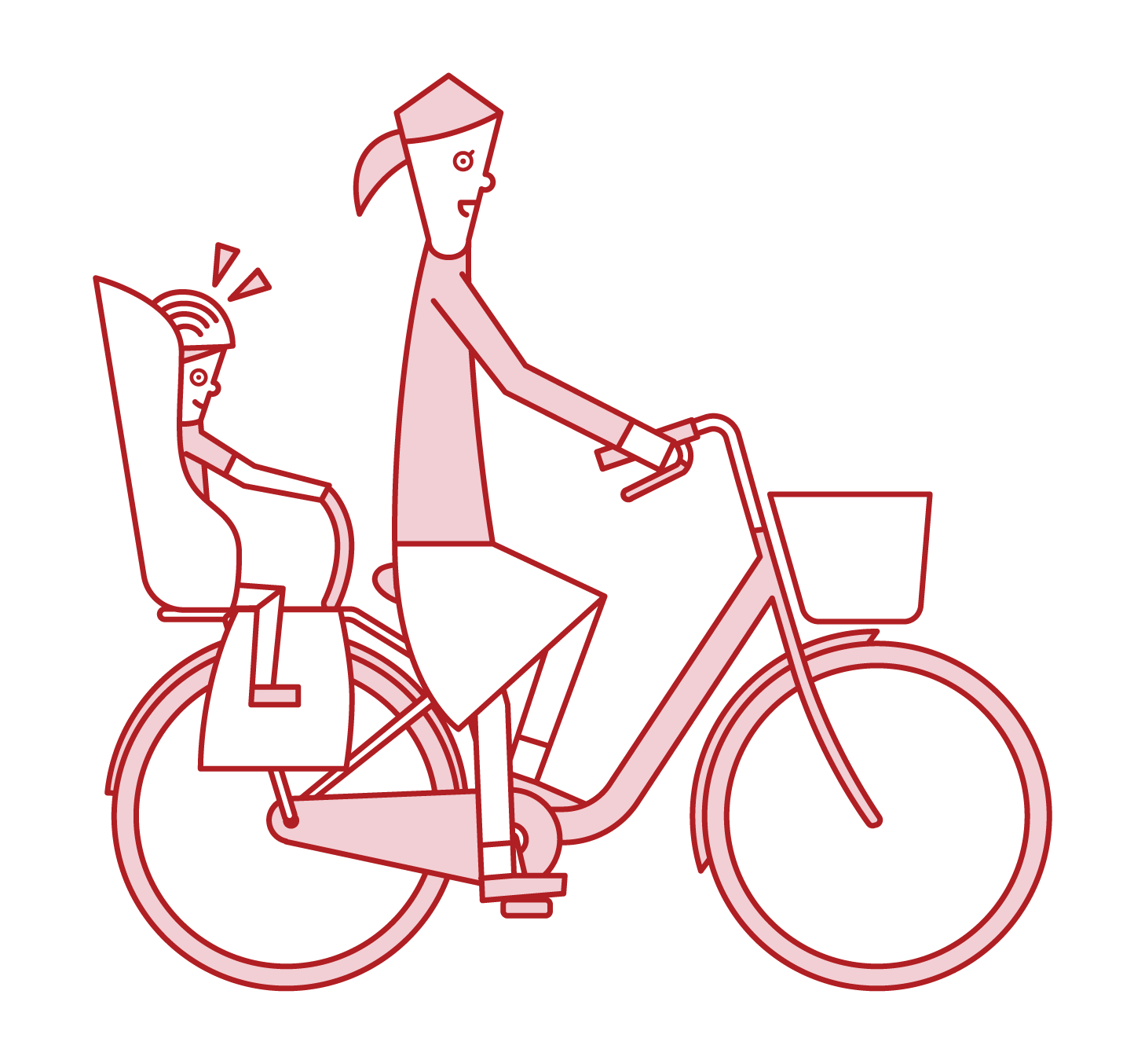 Illustration of a woman riding a bicycle with a child in a child seat