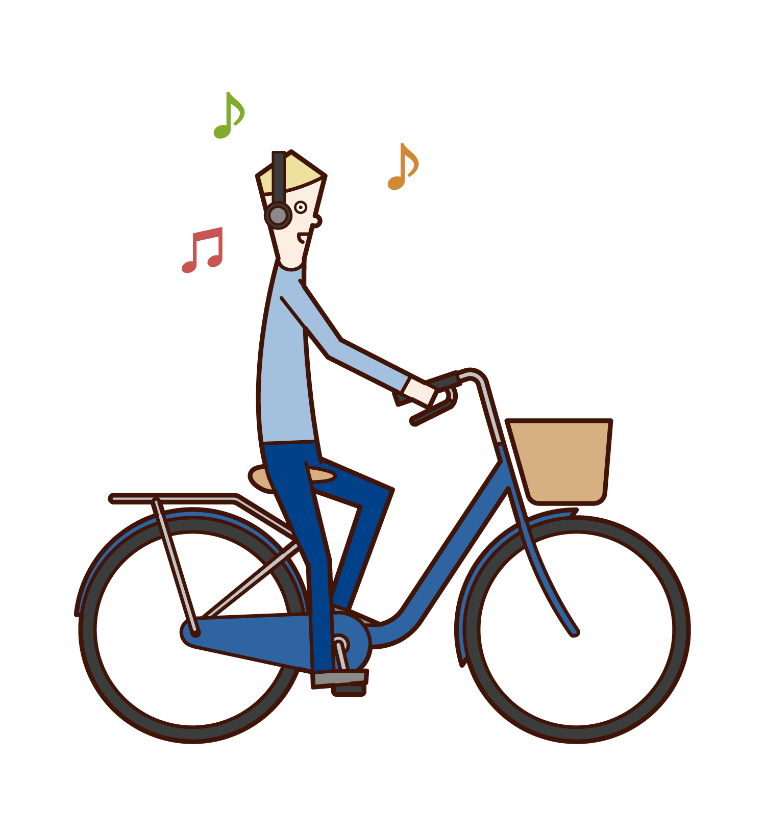 音楽を聴きなが自転車に乗る人（男性）のイラスト