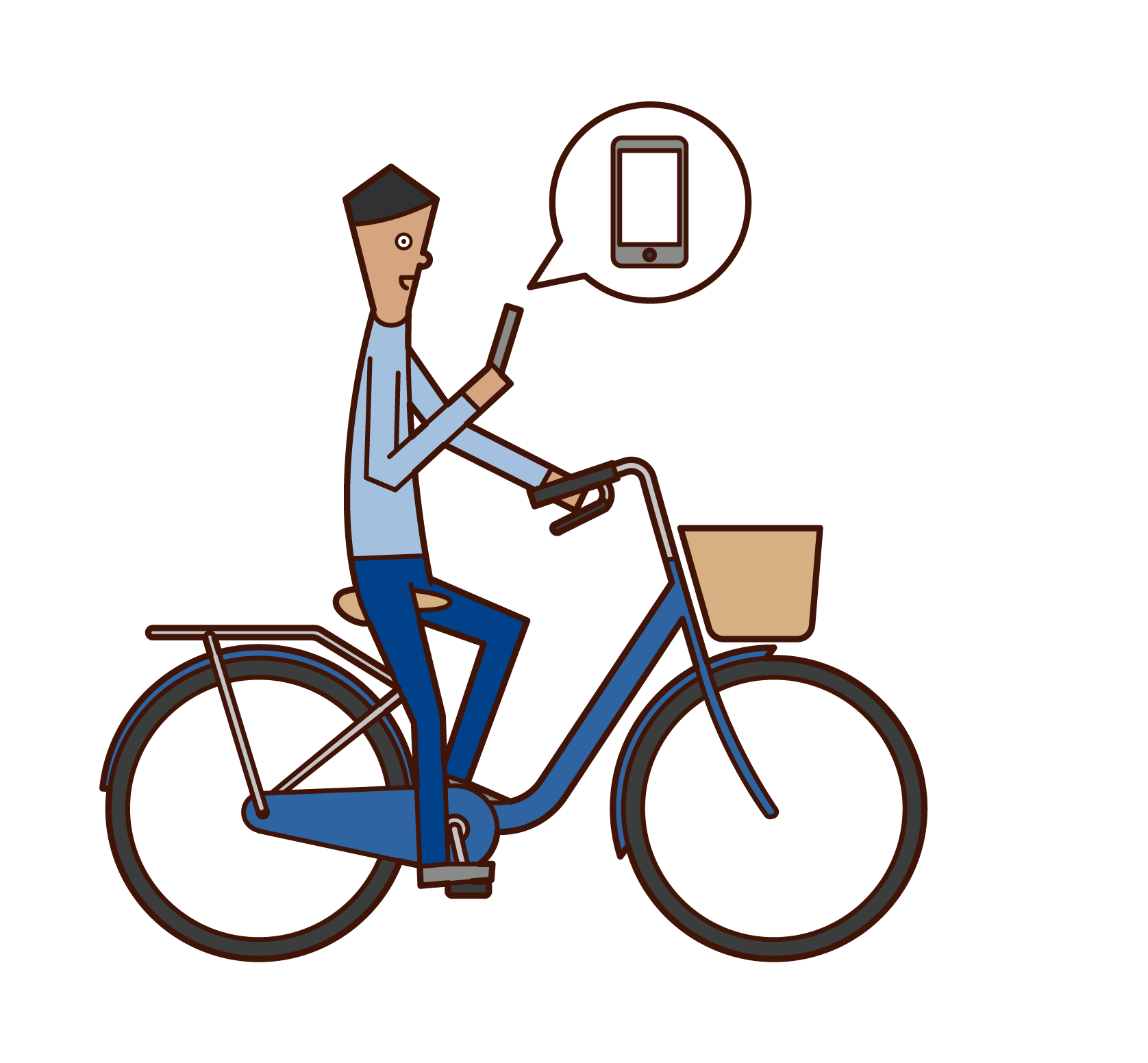 スマートフォンを操作しながら自転車に乗る人（男性）のイラスト
