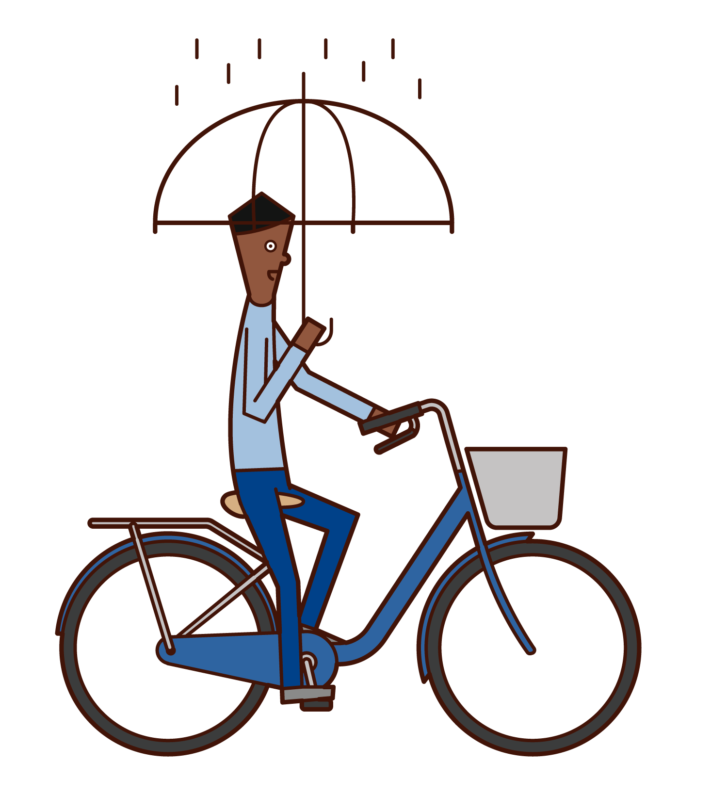 傘をさしながら自転車に乗る人（男性）のイラスト