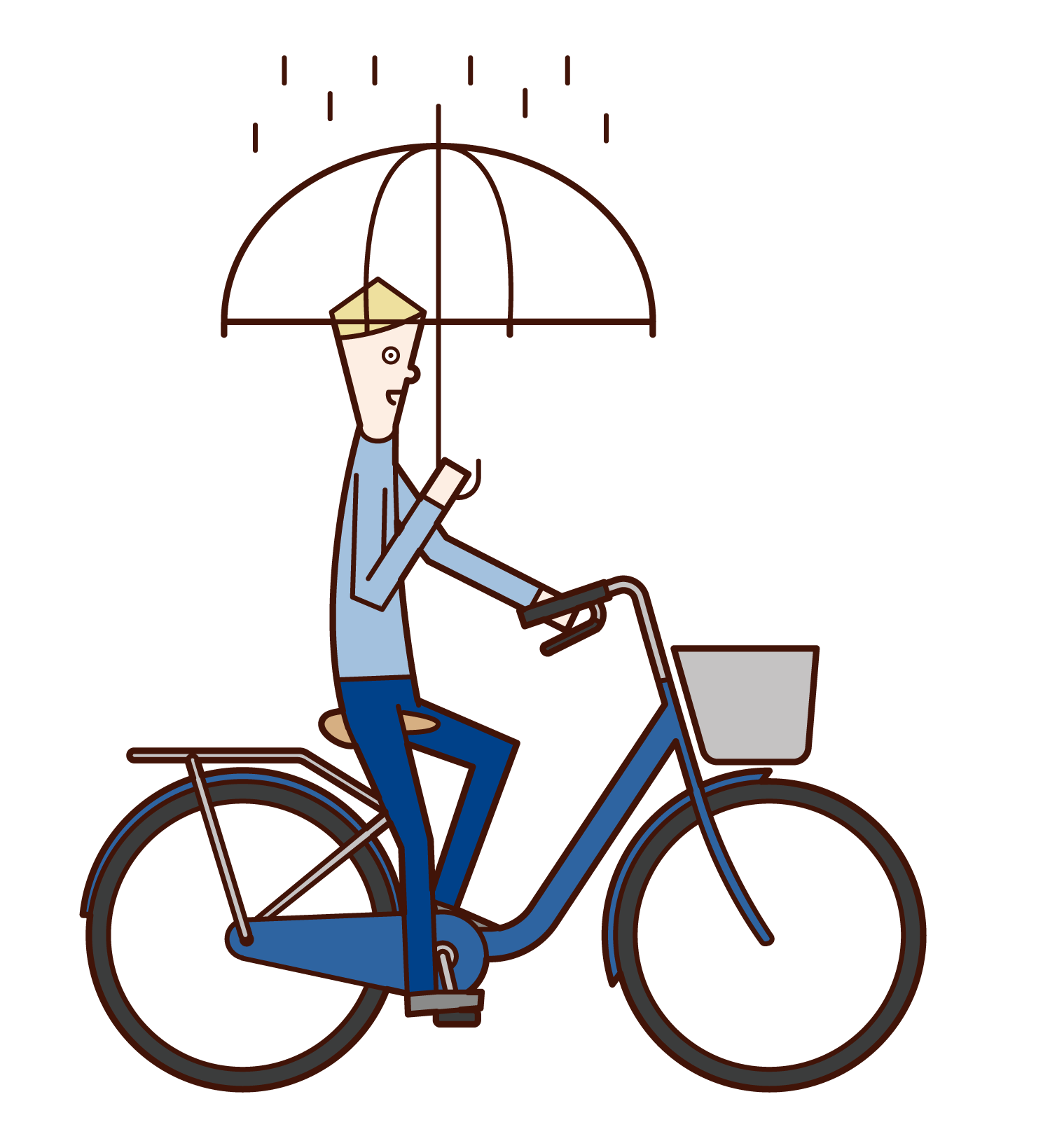 Illustration of a man riding a bicycle with an umbrella