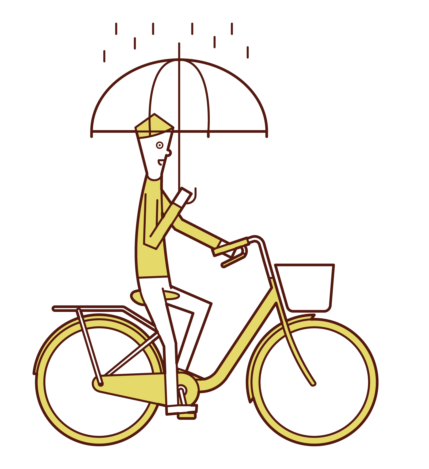 傘をさしながら自転車に乗る人（男性）のイラスト