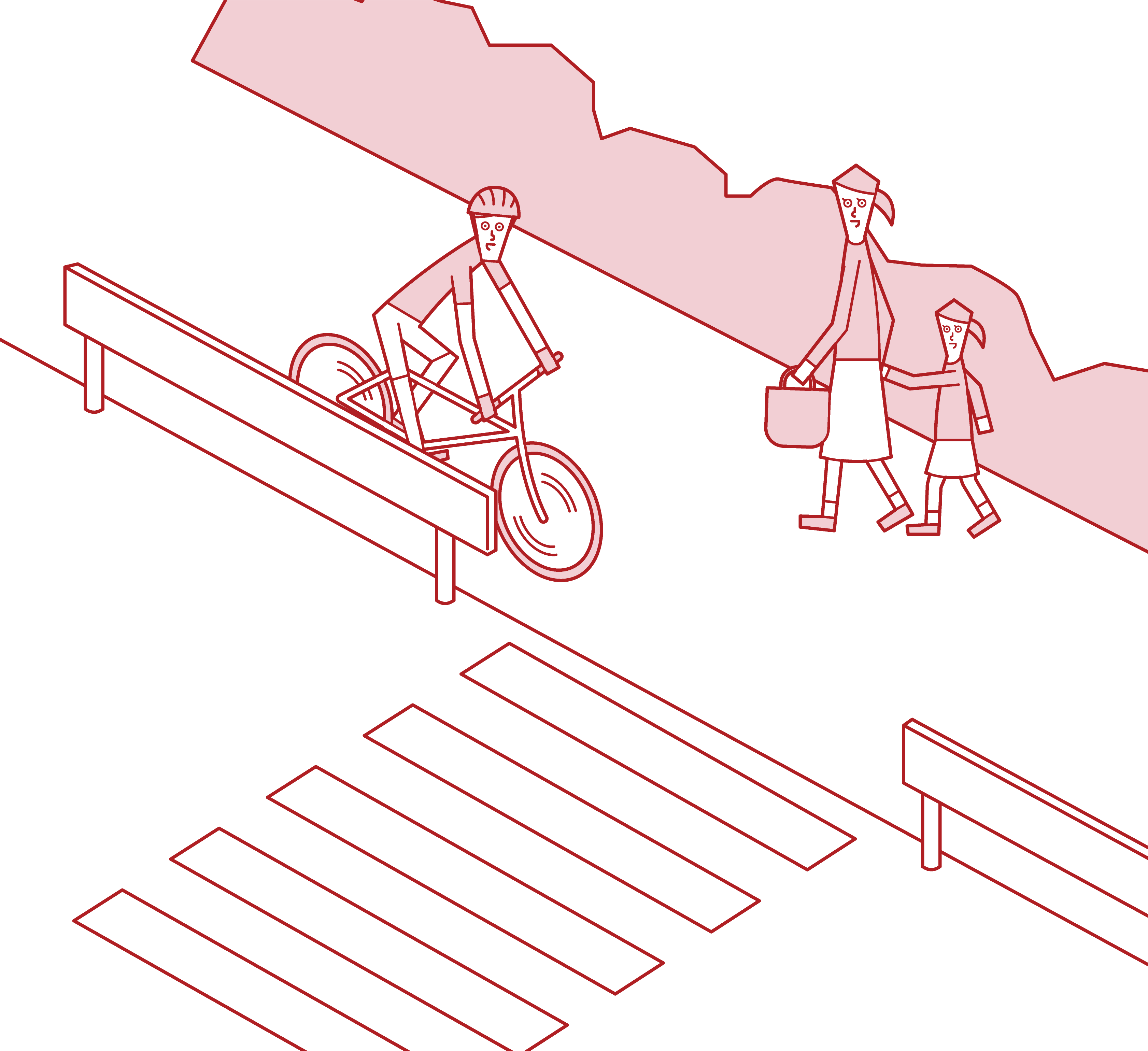 Illustration of a cyclist (man) slowly approaching the driveway on the sidewalk
