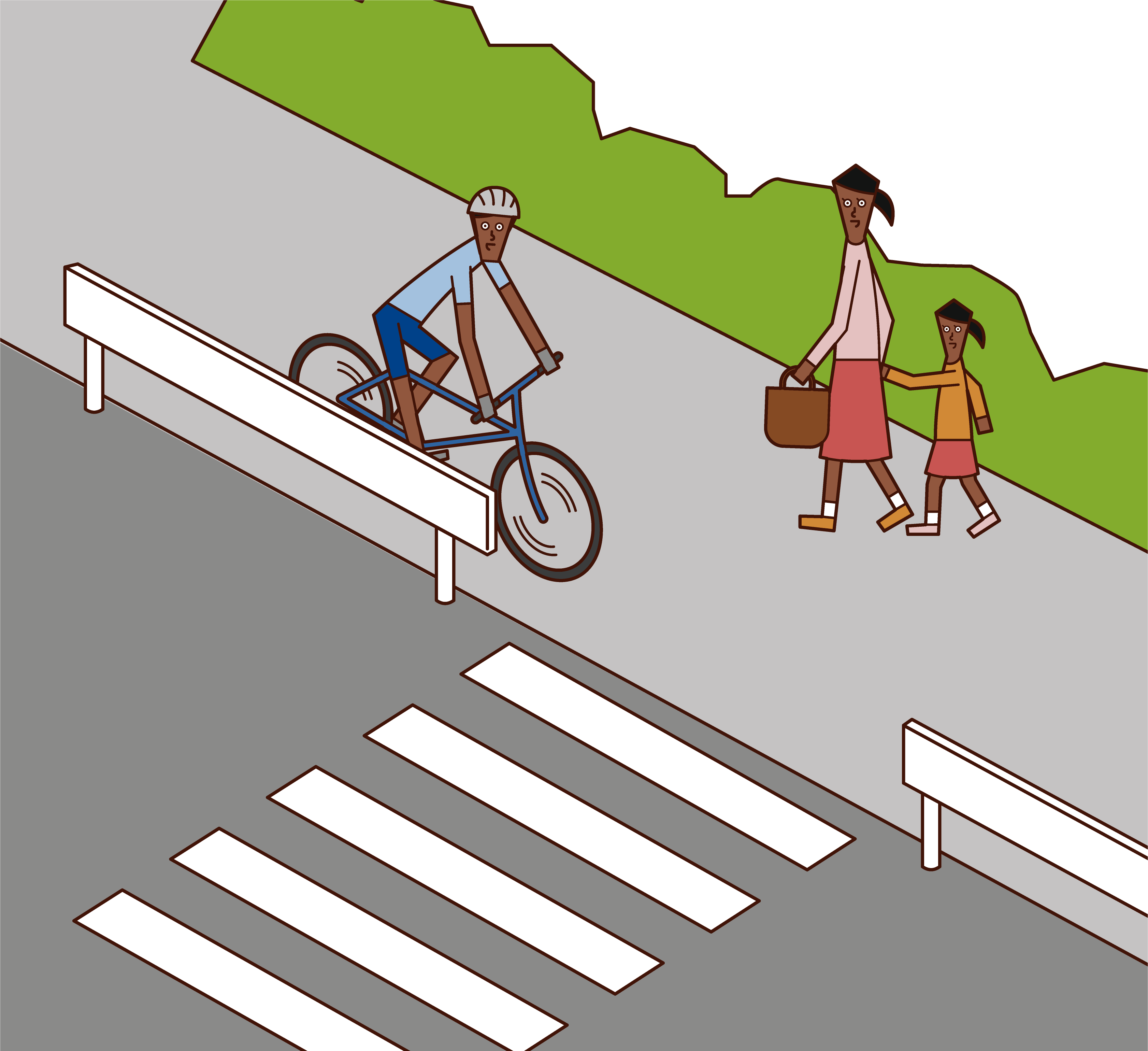 Illustration of a cyclist (man) slowly approaching the driveway on the sidewalk