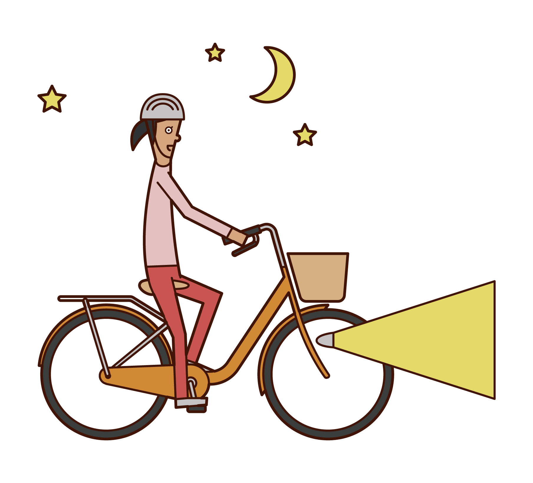 ライトを灯火して自転車に乗る人（女性）のイラスト
