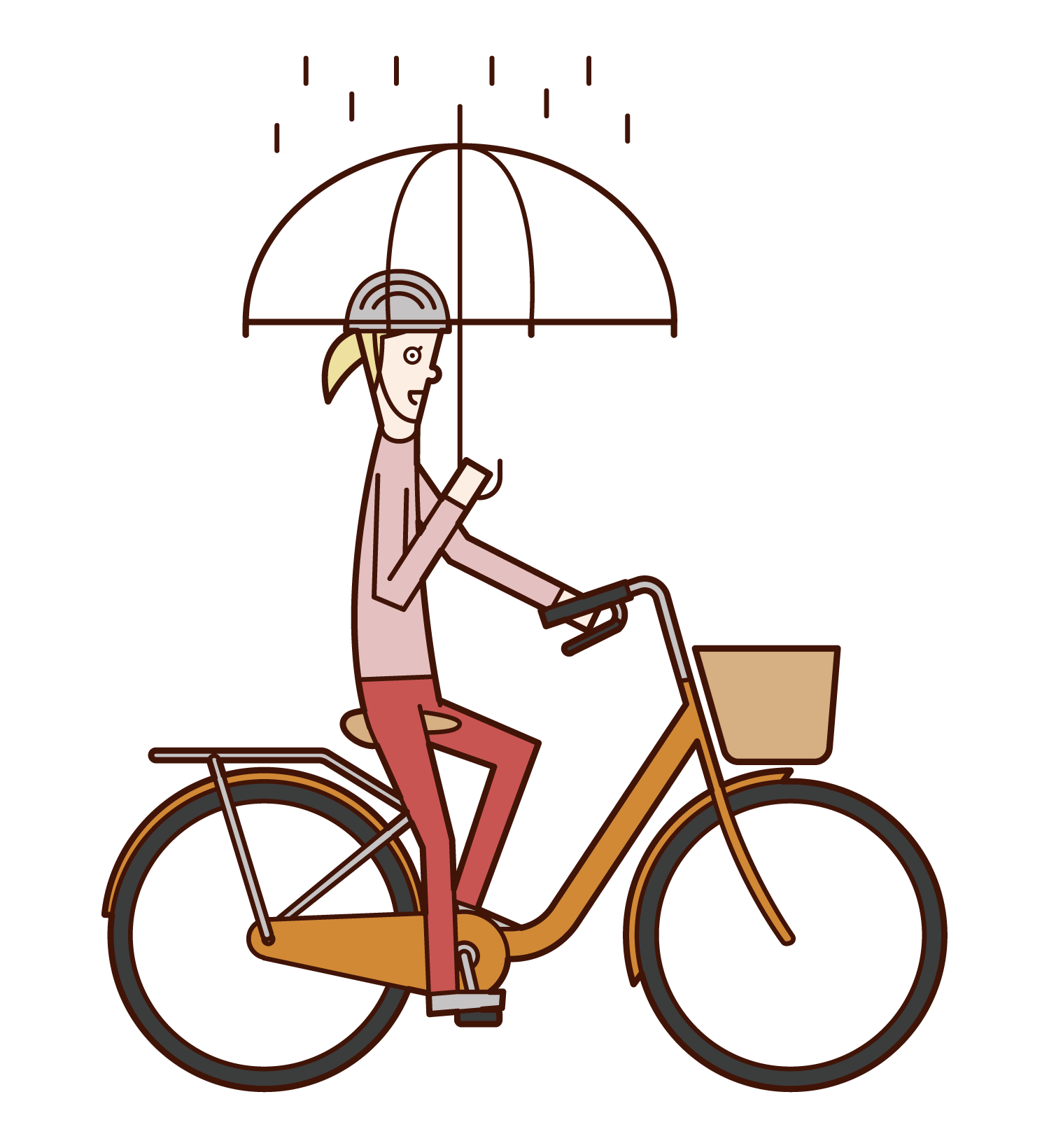 傘をさしながら自転車に乗る人（女性）のイラスト