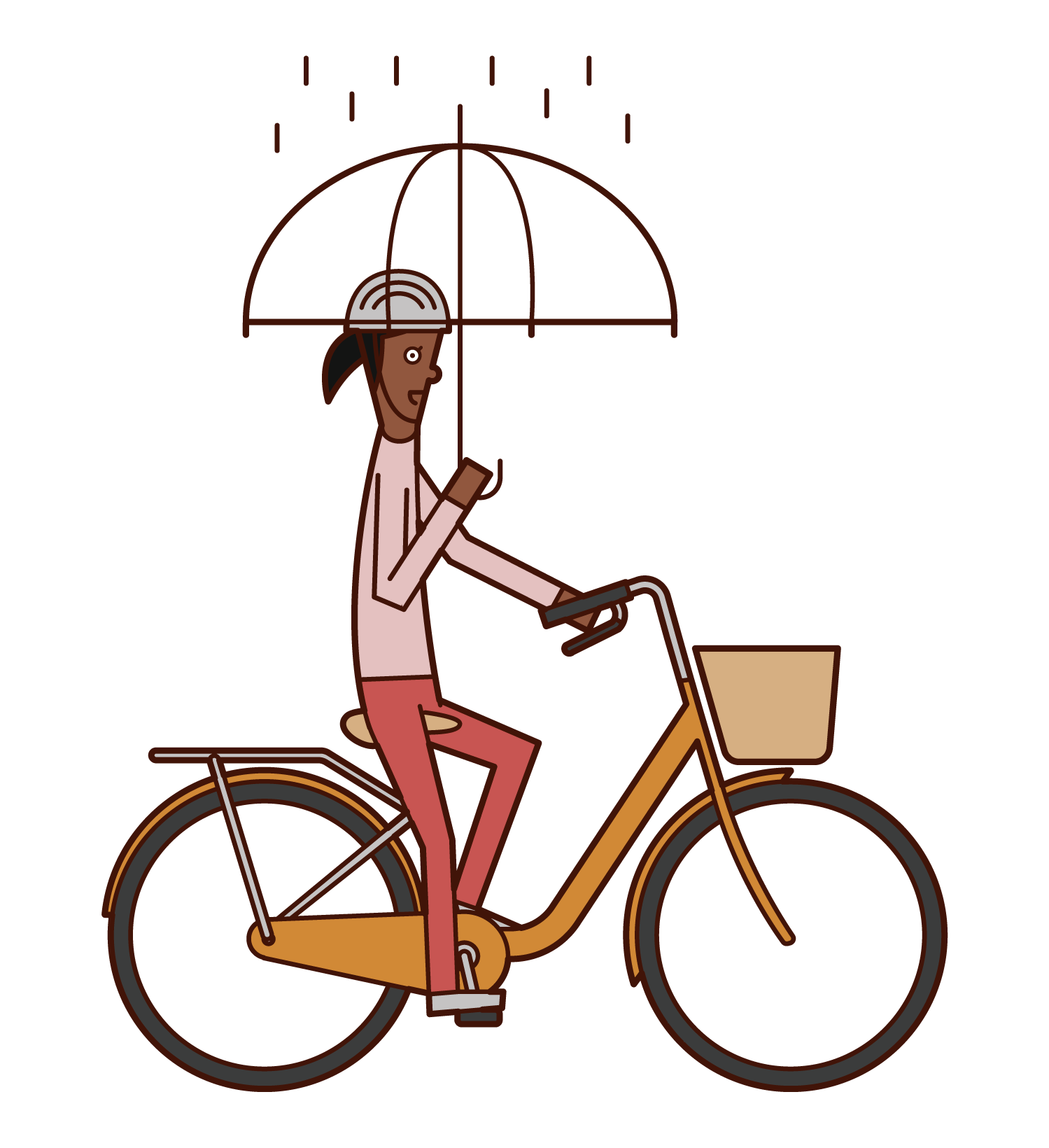 Illustration of a woman riding a bicycle with an umbrella