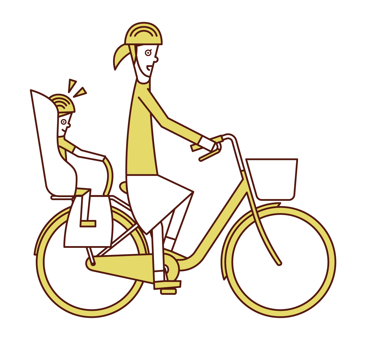 Illustration of a woman riding a bicycle with a child in a child seat
