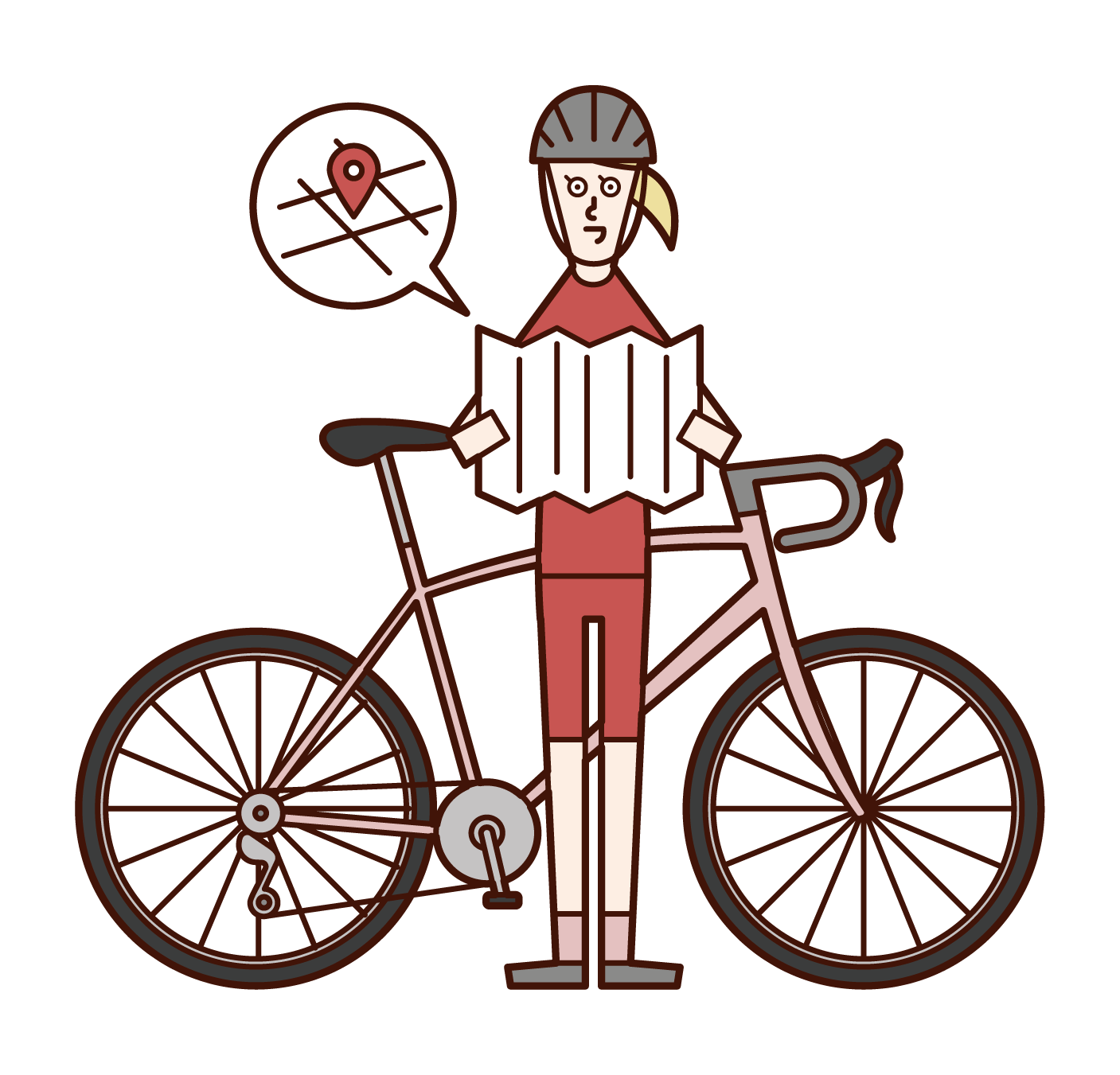 Illustration of a bicycle rider (woman) looking out at the map