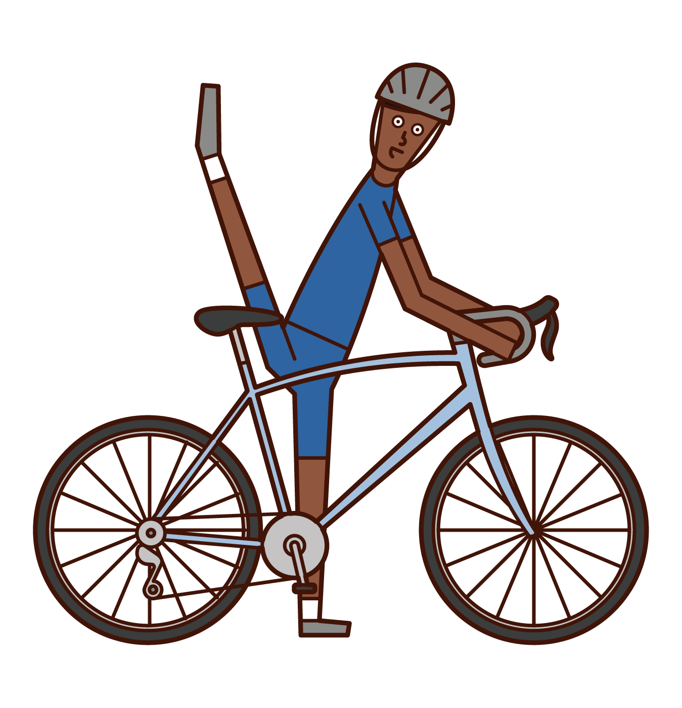 다리를 높게 자전거를 타는 남자의 그림