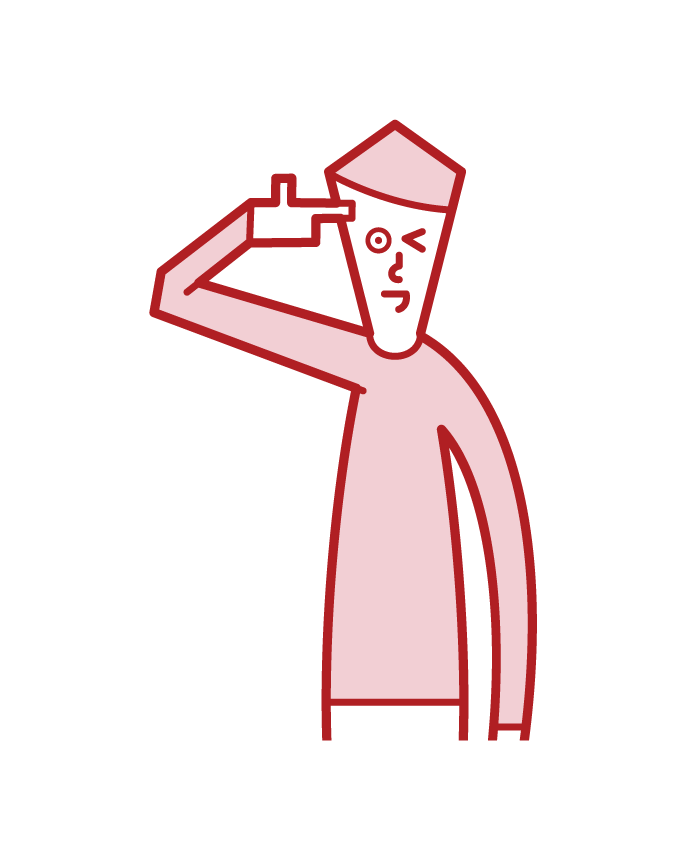 Illustration of a man posing with a gun on his head