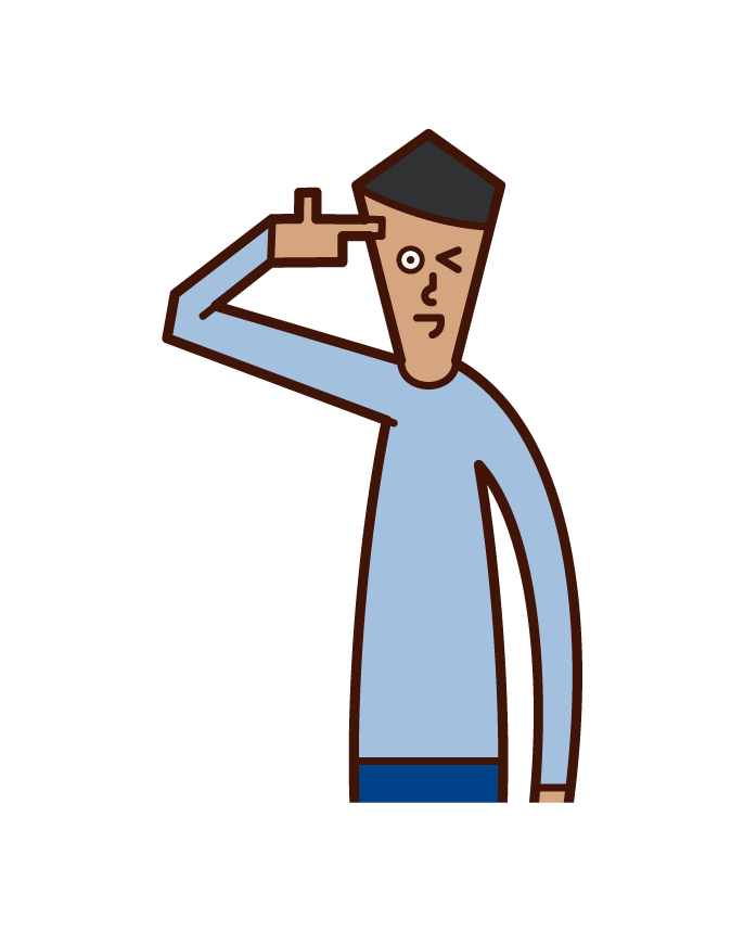 Illustration of a man posing with a gun on his head