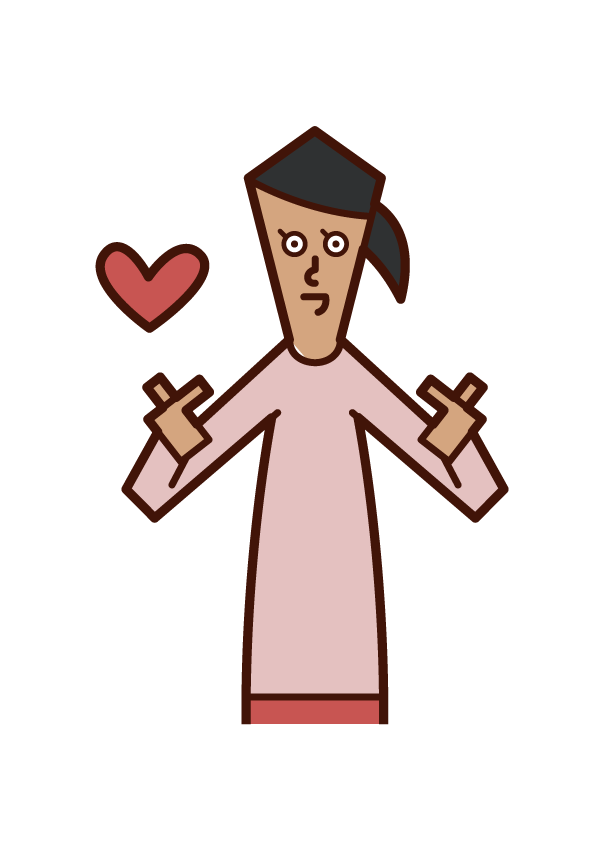 Illustration of a woman who makes a heart mark with the fingers of both hands