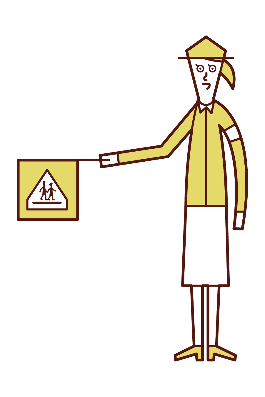 Illustration of a school child defender (woman) wearing a green hat and clothes