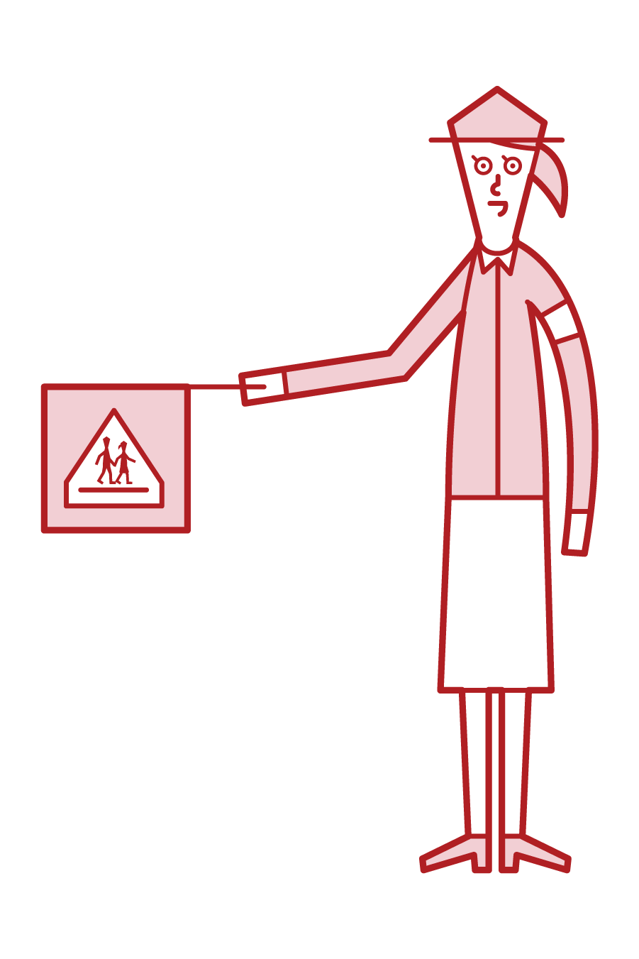 Illustration of a school child defender (woman) wearing a green hat and clothes