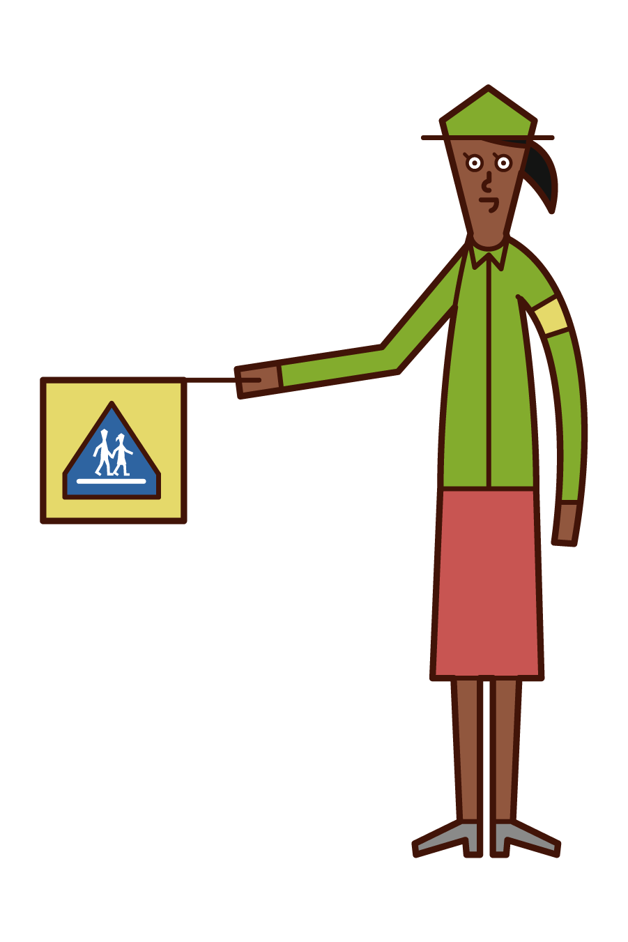 緑の帽子と服を着た学童擁護員（女性）のイラスト