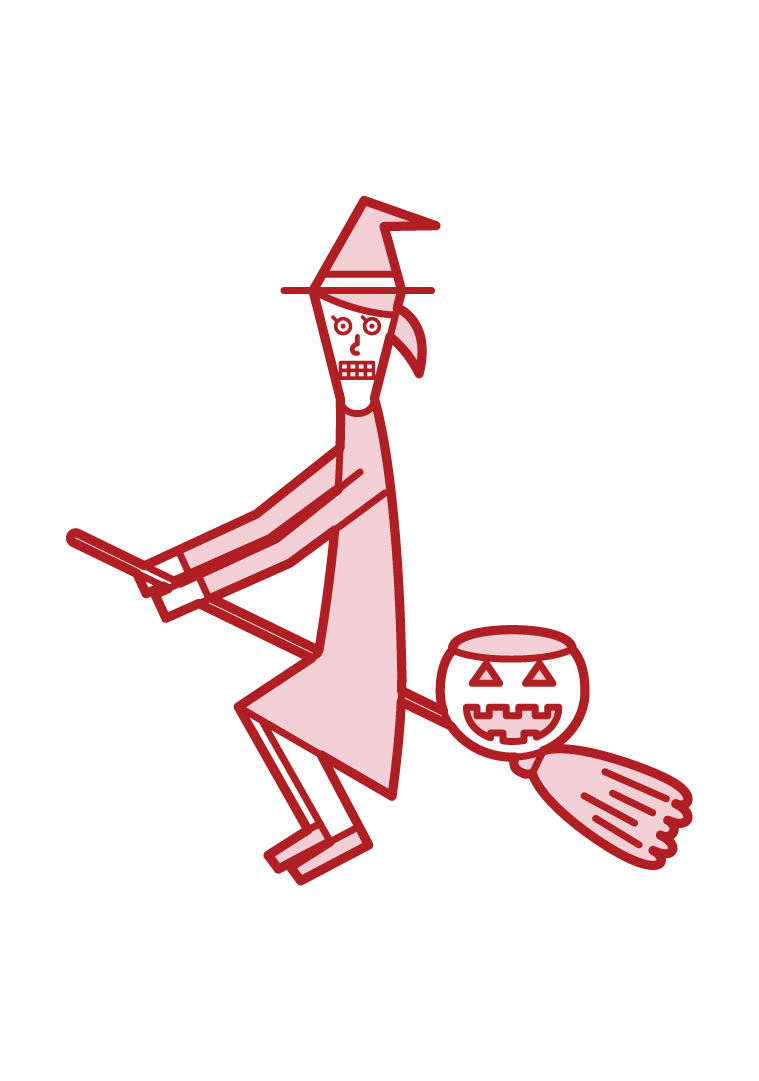 Illustration of a child (Halloween) dressed as a flying witch