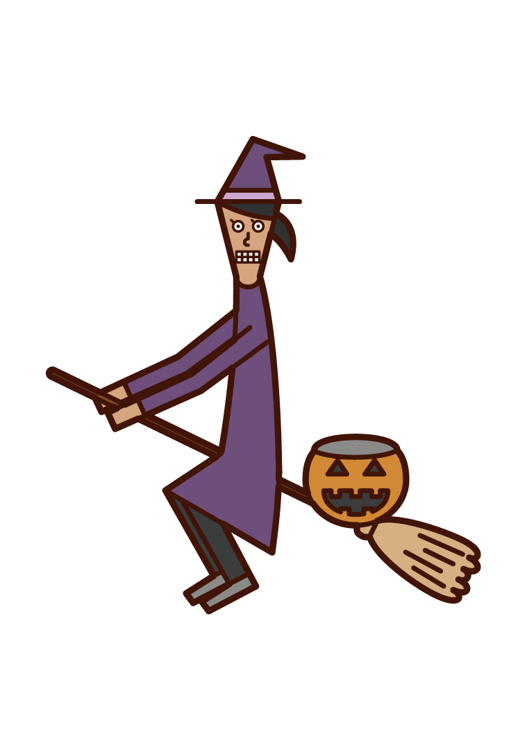 Illustration of a child (Halloween) dressed as a flying witch
