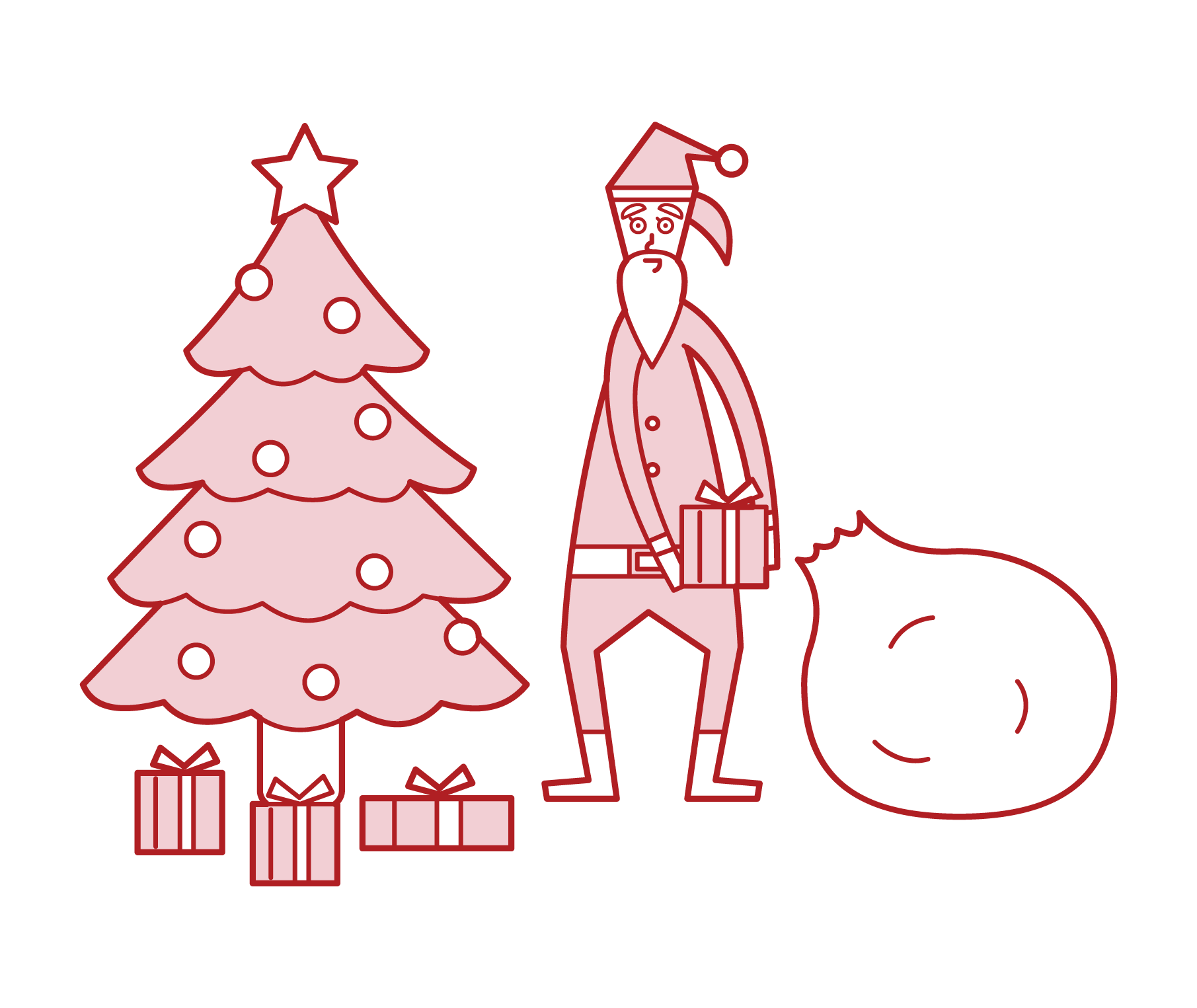 クリスマスツリーの下にプレゼントを並べるサンタクロース（女性）のイラスト
