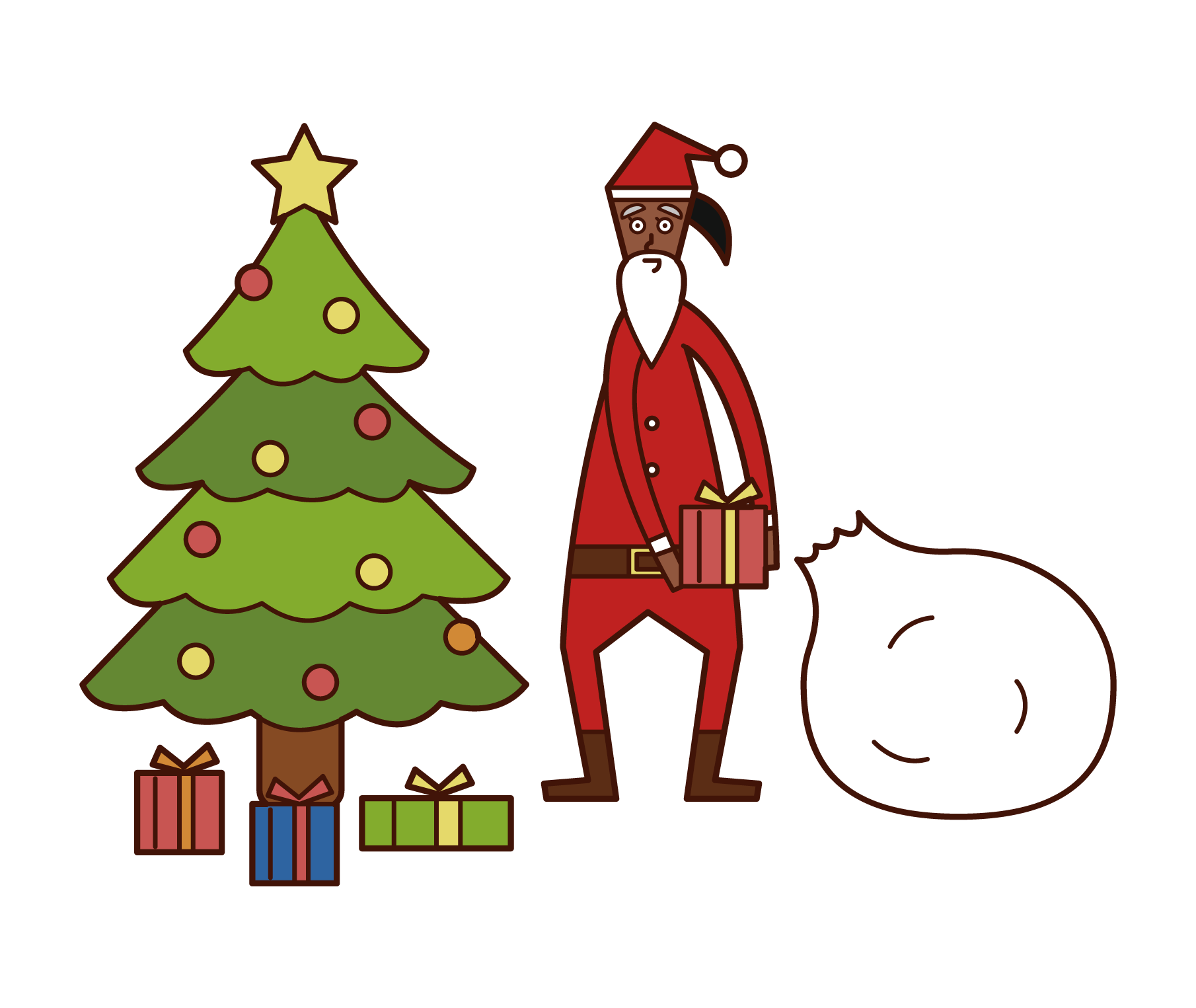 Illustration of Santa Claus (woman) arranging presents under a Christmas tree