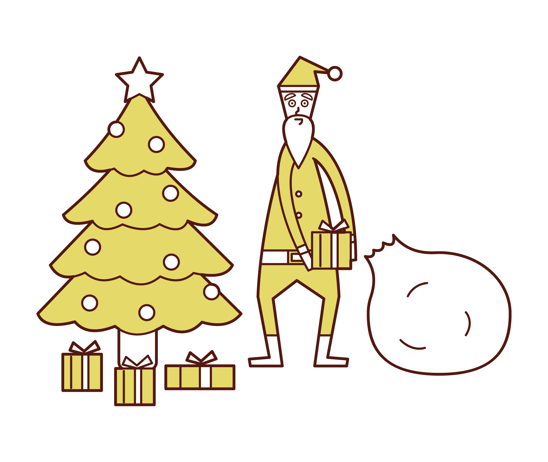 クリスマスツリーの下にプレゼントを並べるサンタクロース（男性）のイラスト